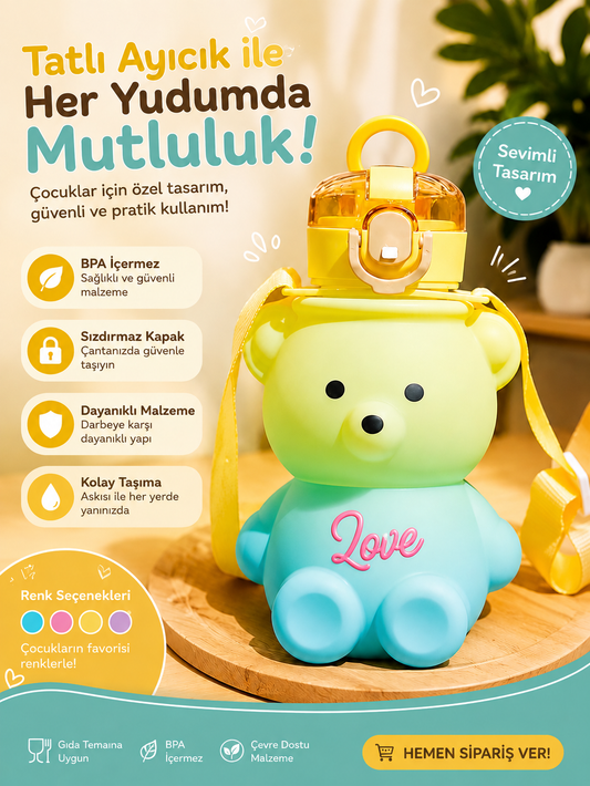 Love Ayıcık™ Askılı Çocuk Suluk – BPA İçermez, Sızdırmaz Su Matarası